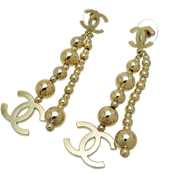 CHANEL CC Logos Bead Ball Dangle Stud Earrings Gold Tone B21S Auth D-dh829 - Picture 2 of 5
